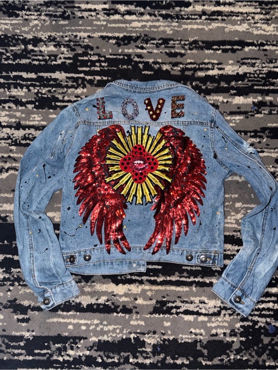Jackets & Blazers - Sequin Wing Denim Jacket with LOVE Back Patch